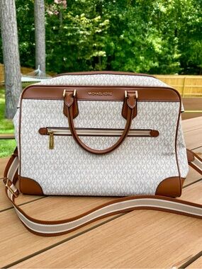 Michael Kors Signature Monogram Weekender Bag with Brown Trim